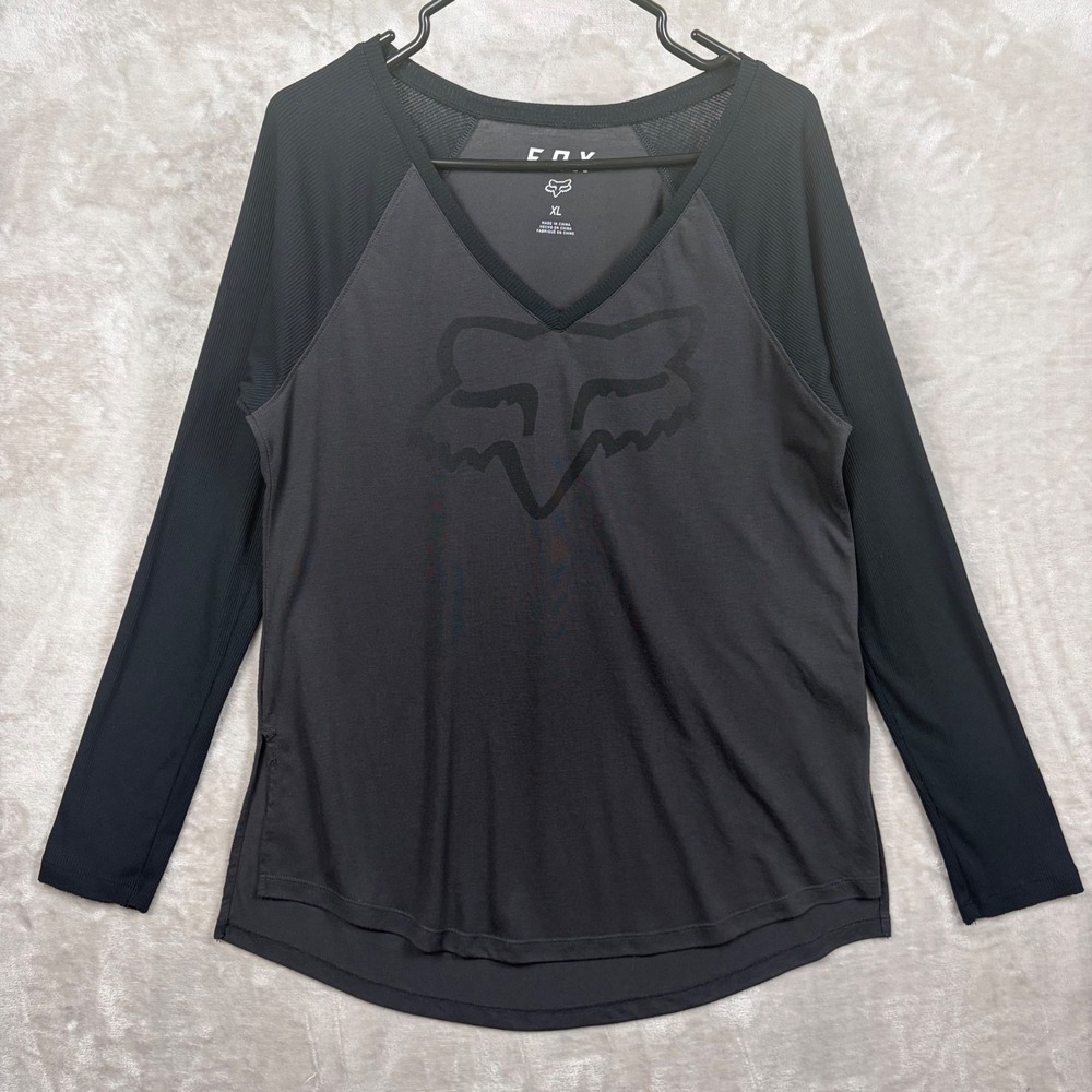 Fox Racing Fox Head Womens Top XL Grey Black Long Sleeve Logo T Shirt Athleisure